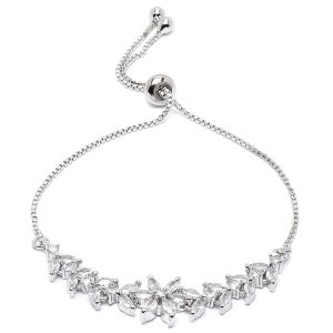 Plated Silver Toned American Diamond studded Floral Shaped Link Bracelet Jewellery for Girls and Women